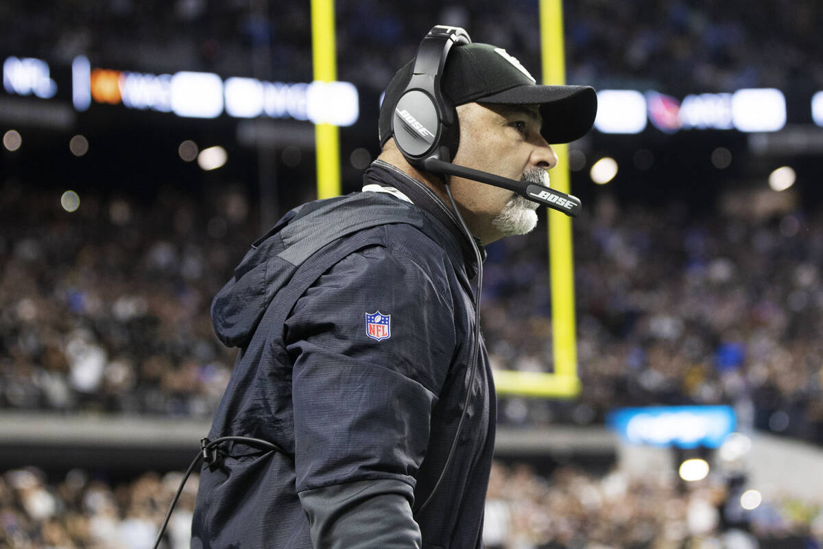 Raiders head coach Rich Bisaccia coaches Vegas in the second half during an NFL football game a ...