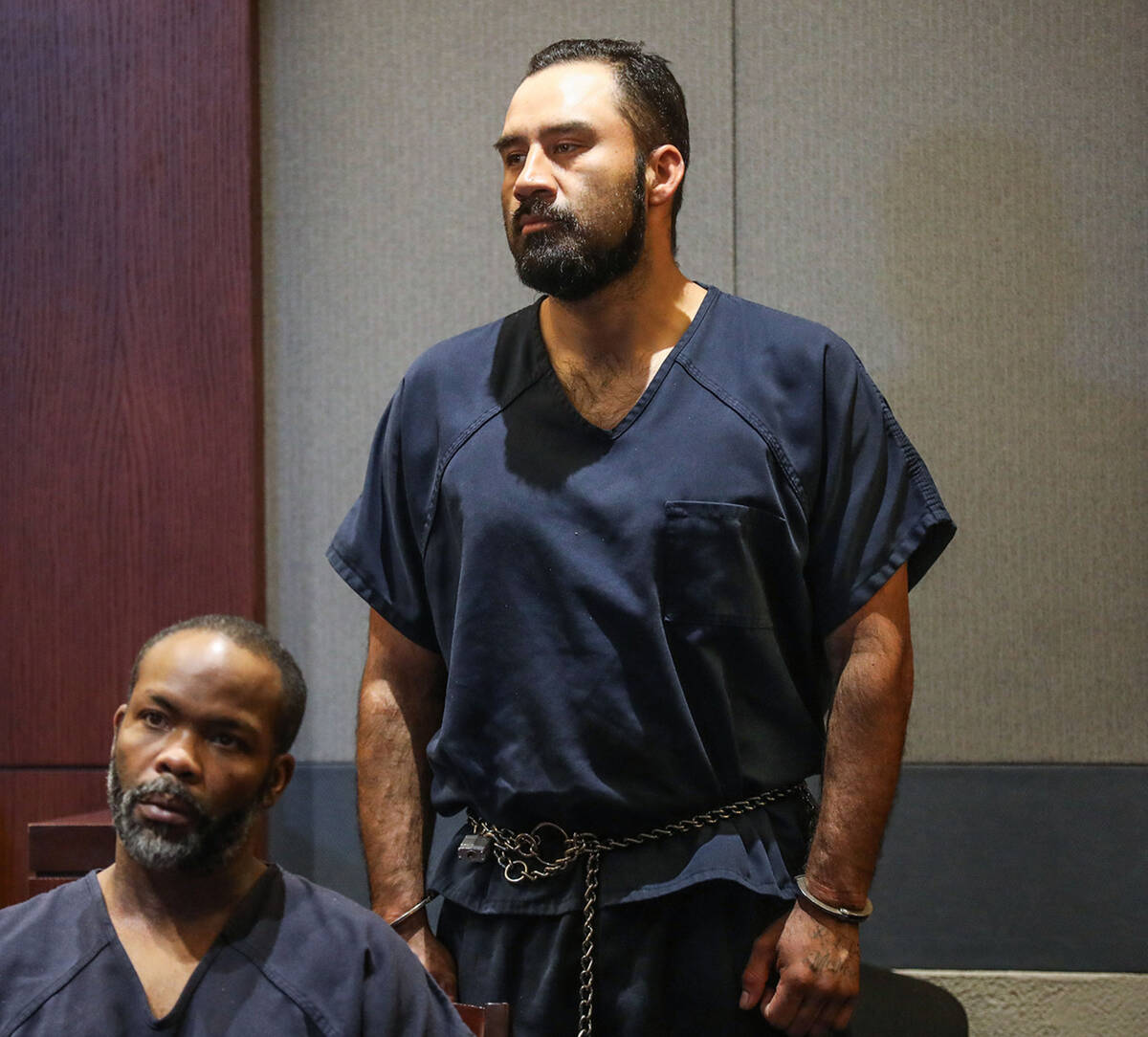 Jesus Nevarez, right, a murder suspect in a random shooting on Saturday, appears in court for a ...