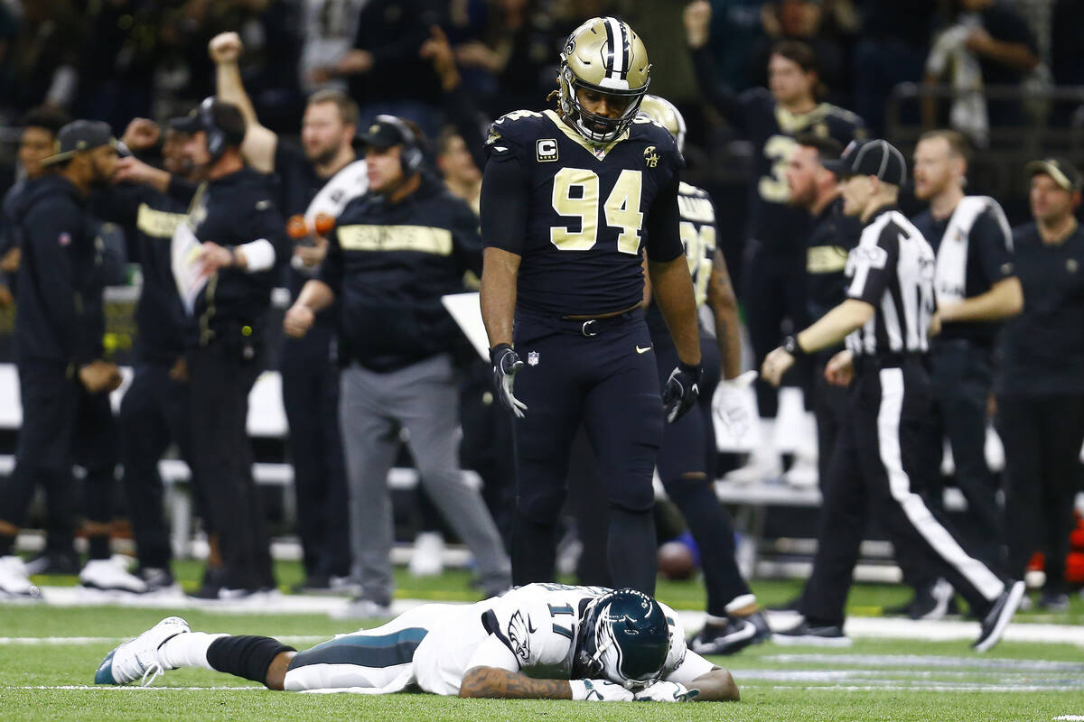 Philadelphia Eagles wide receiver Alshon Jeffery (17) lies on the turf in front of New Orleans ...