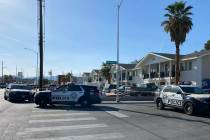 In this April 5, 2022, file photo, Las Vegas police investigate a homicide in the 2700 block of ...