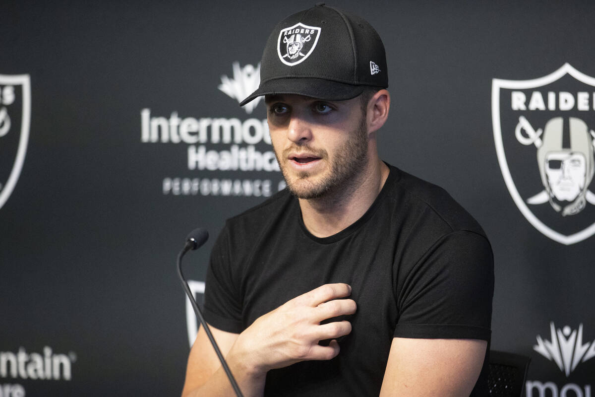 Raiders quarterback Derek Carr speaks on his three-year contract extension during a press confe ...