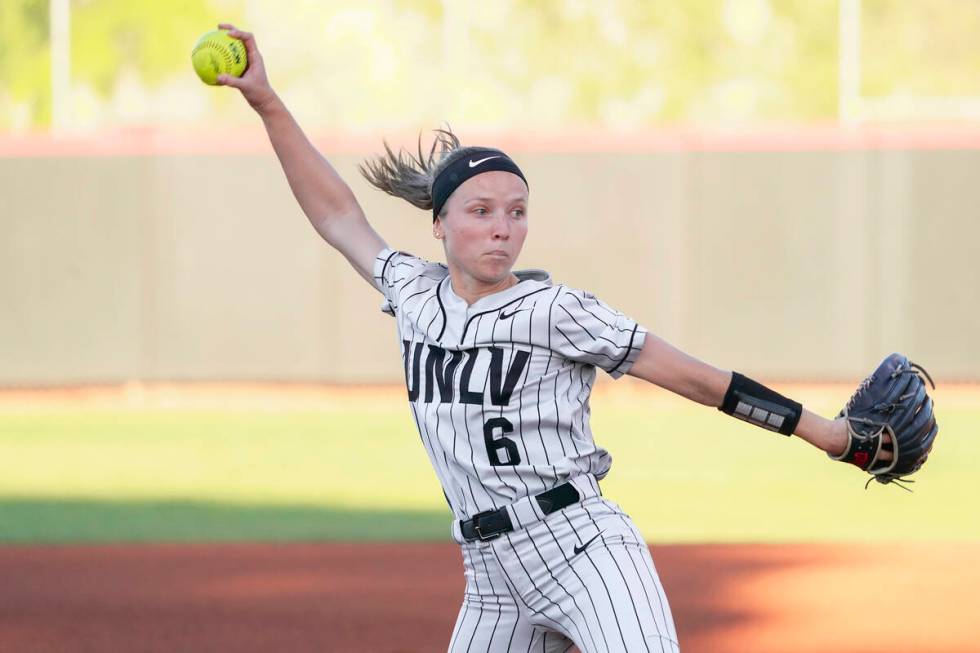 Senior Jenny Bressler prepares to throw a pitch for UNLV against San Diego State at Eller Media ...