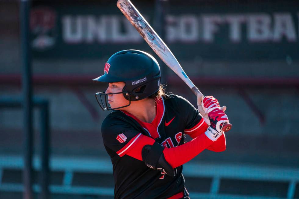 Freshman outfielder Sofia Morales prepares to swing at a pitch during a UNLV softball practice ...