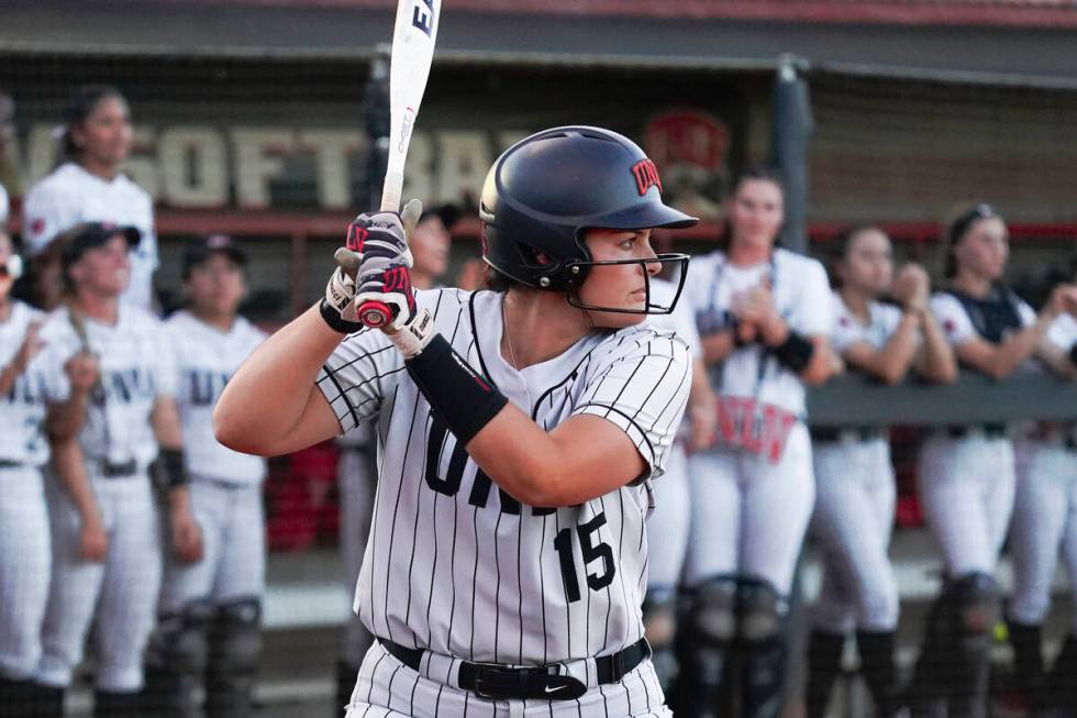 Fifth-year senior Mia Trejo waits for a pitch during UNLV's game against San Diego State at Ell ...