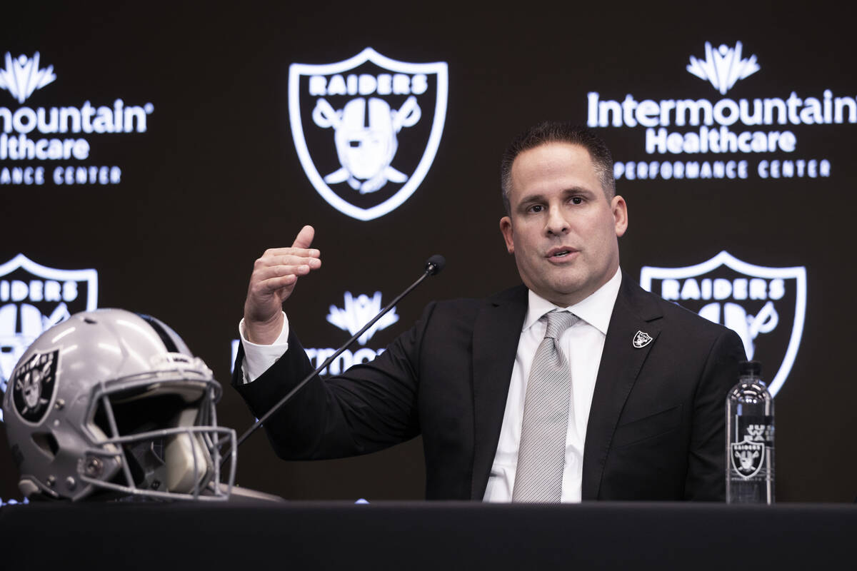 Raiders head coach Josh McDaniels speaks during a press conference on Monday, Jan. 31, 2022, at ...