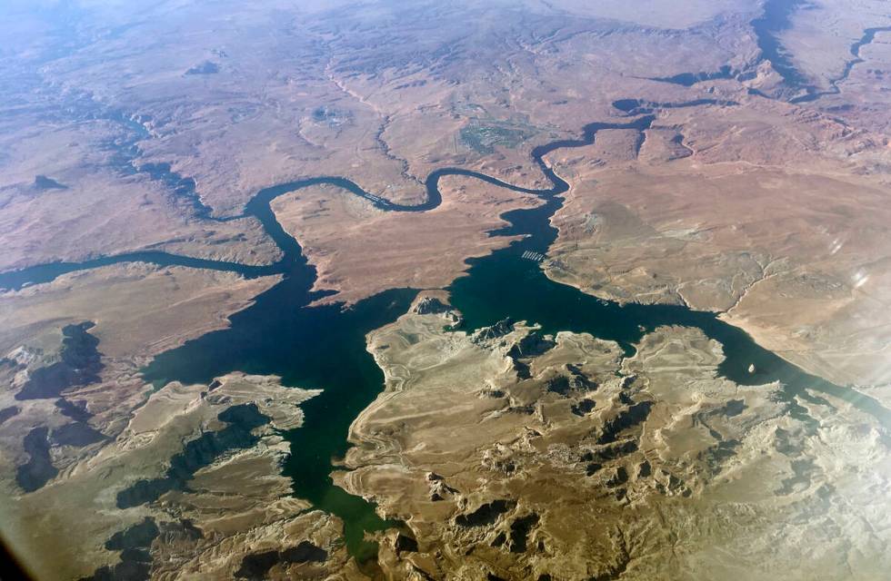 An aerial view of Lake Powell on the Colorado River along the Arizona-Utah border on Sept. 11, ...