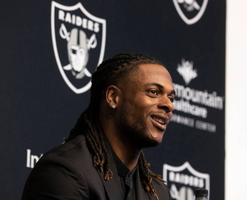 Newly acquired Raiders wide receiver Davante Adams? addresses the media at Raiders Headquarters ...