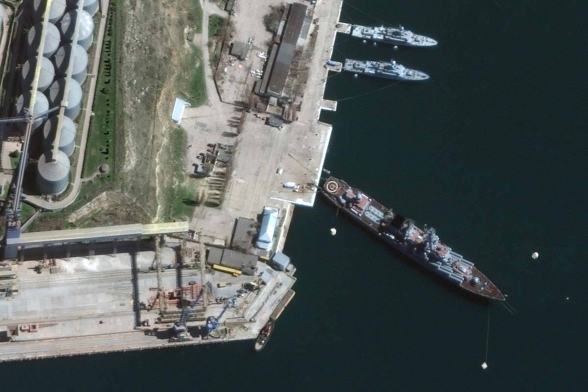 This satellite image provided by Maxar Technologies shows cruiser Moskva in port Sevastopol in ...
