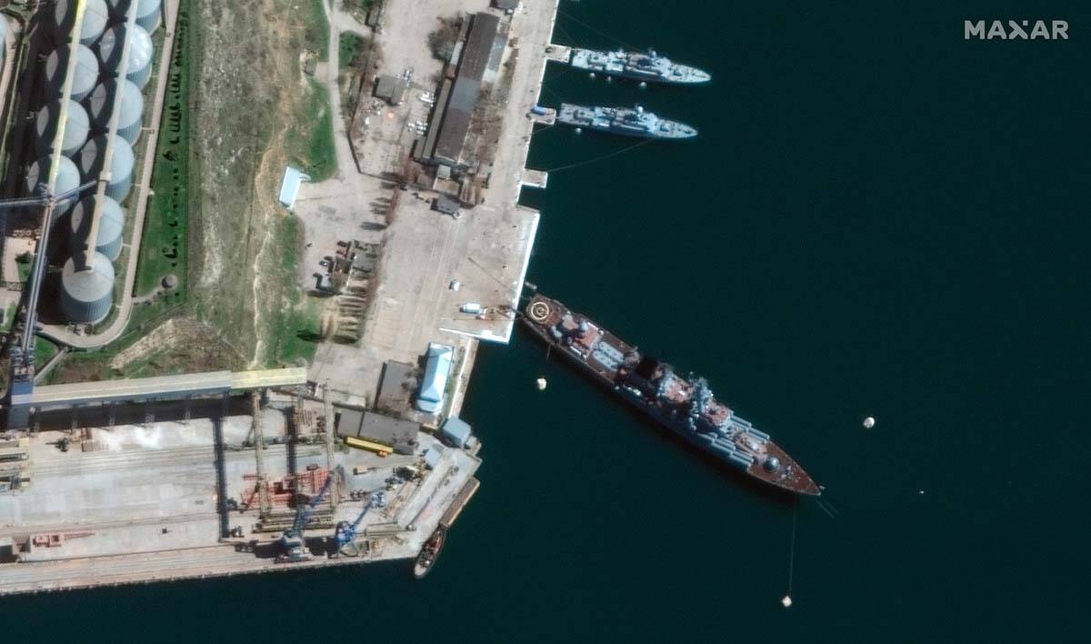 This satellite image provided by Maxar Technologies shows cruiser Moskva in port Sevastopol in ...