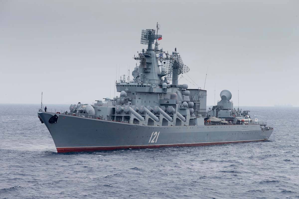 In this photo provided by the Russian Defense Ministry Press Service, Russian missile cruiser ...
