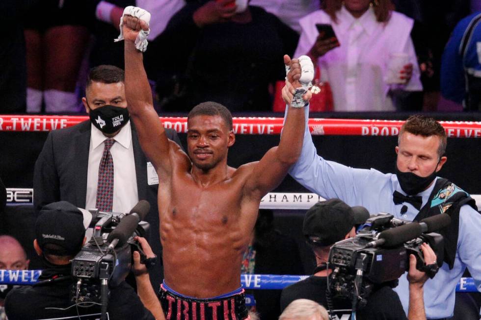 Errol Spence Jr. celebrates after defeating Danny Garcia by unanimous decision in a welterweigh ...