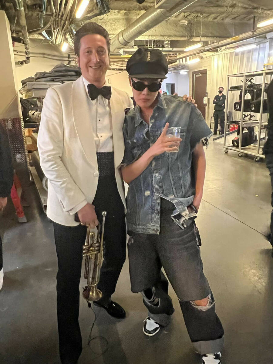 Trumpet great and Lady Gaga bandleader Brian Newman, left, is shown with J-Hope of BTS. (courtesy)
