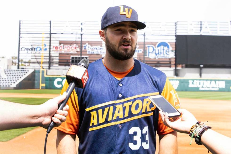 The Las Vegas Aviators catcher Shea Langeliers (33) speaks during an interview with the Review- ...