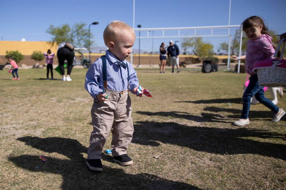 Astor Reece, 1, participates during the Hoppy Egg Run community event at the Walnut Recreation ...
