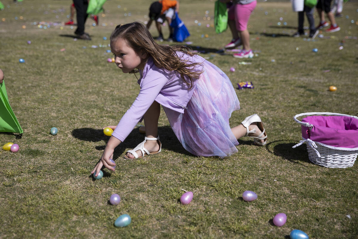 Penelope Gonzales, 6, participates during the Hoppy Egg Run community event at the Walnut Recre ...