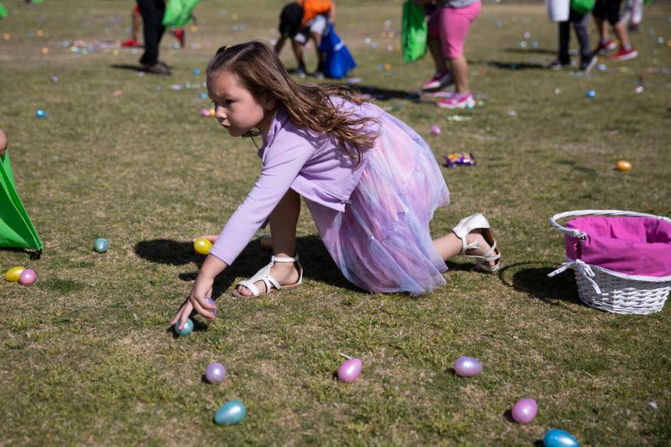 Penelope Gonzales, 6, participates during the Hoppy Egg Run community event at the Walnut Recre ...