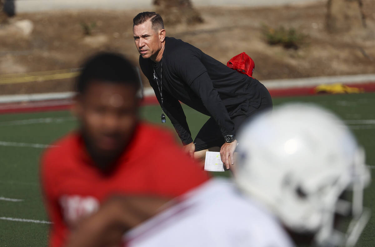 UNLV Rebels head coach Marcus Arroyo looks on during the first day of spring football practice ...