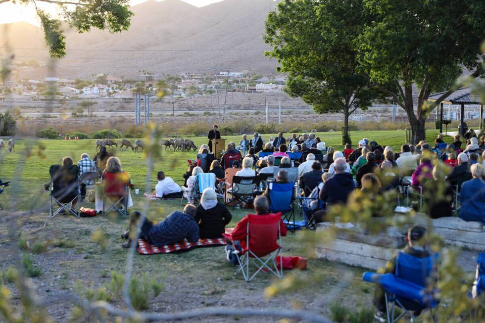 Fran Haraway addresses an outdoor congregation for the 33rd annual Easter Sunrise Celebration a ...