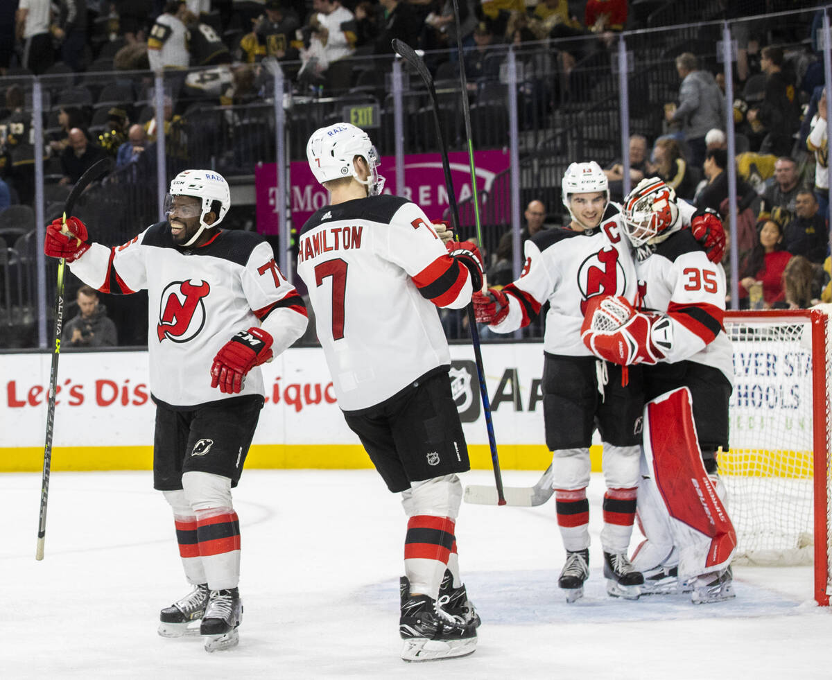 New Jersey Devils defenseman P.K. Subban (76) celebrates with teammates after beating the Golde ...