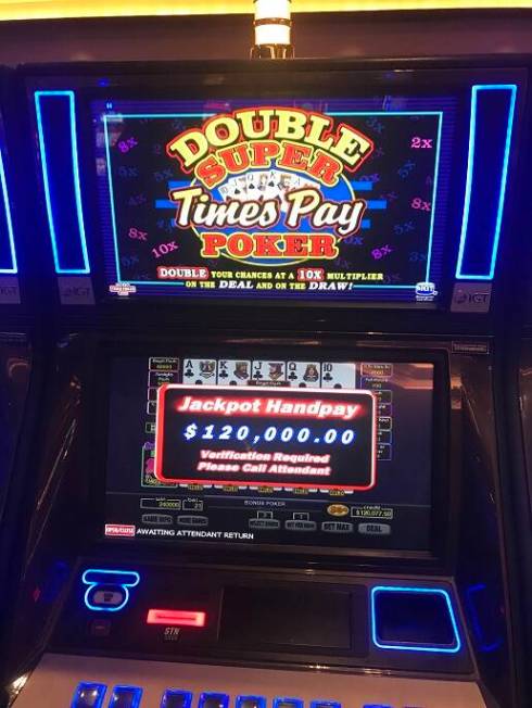 A Las Vegas local hit a $120k royal flush on April 18, 2022, at Palace Station. (Photo courtesy ...