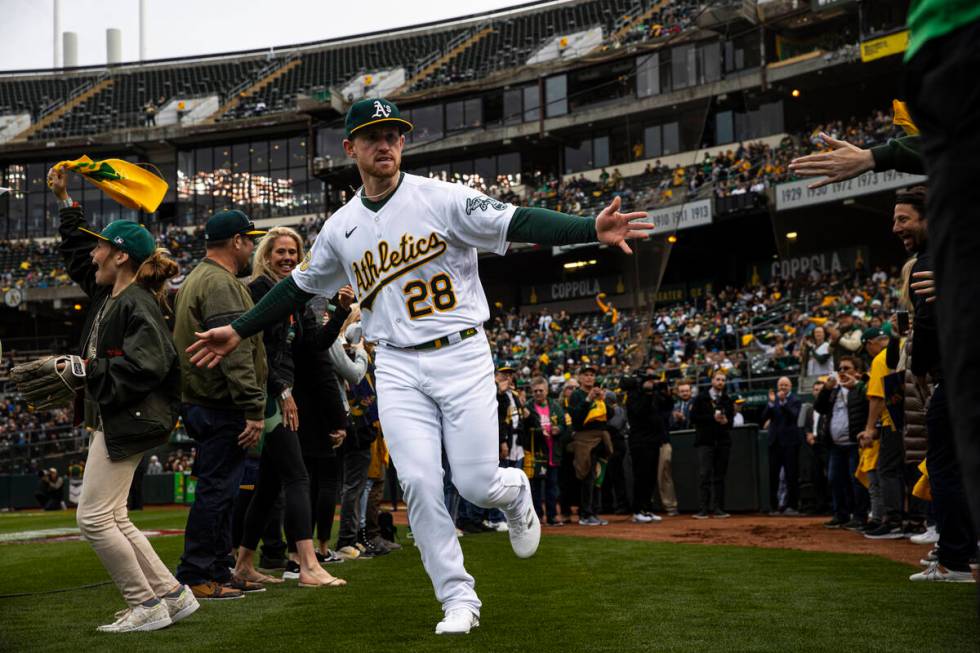 Oakland Athletics right fielder Billy McKinney (28) is introduced before the opening night game ...