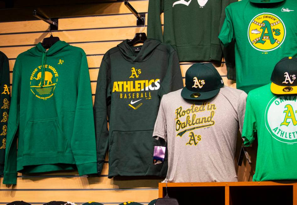 Oakland Athletics apparel is seen for sale before the opening night game against the Baltimore ...