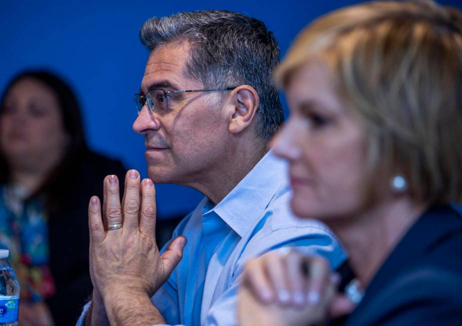 HHS Secretary Xavier Becerra and Rep. Susie Lee listen to health recommendations during a round ...