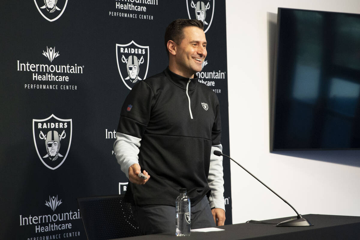 Raiders general manager Dave Ziegler jokes with media during a news conference on Wednesday, Ap ...