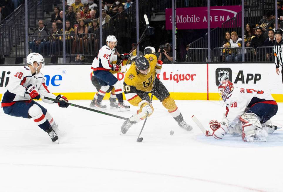 Golden Knights center Nicolas Roy (10) shoots on Washington Capitals goaltender Ilya Samsonov ( ...