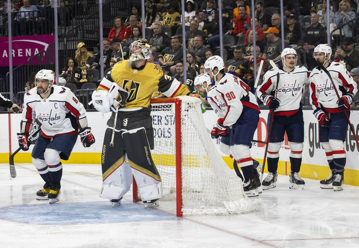 Washington Capitals left wing Alex Ovechkin (8) scores against Golden Knights goaltender Logan ...