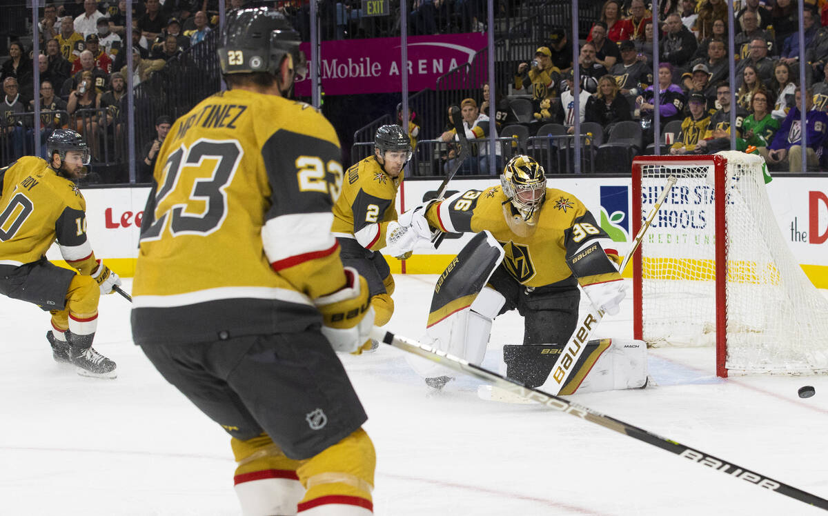 Golden Knights goaltender Logan Thompson (36) makes a save in the second period during an NHL h ...