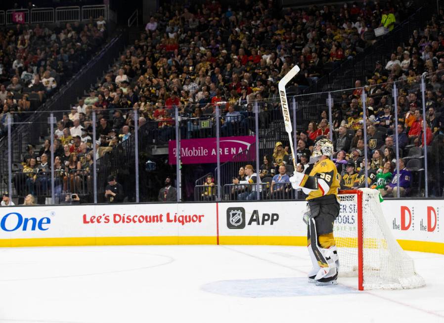 Golden Knights goaltender Logan Thompson (36) during a break in the second period during an NHL ...