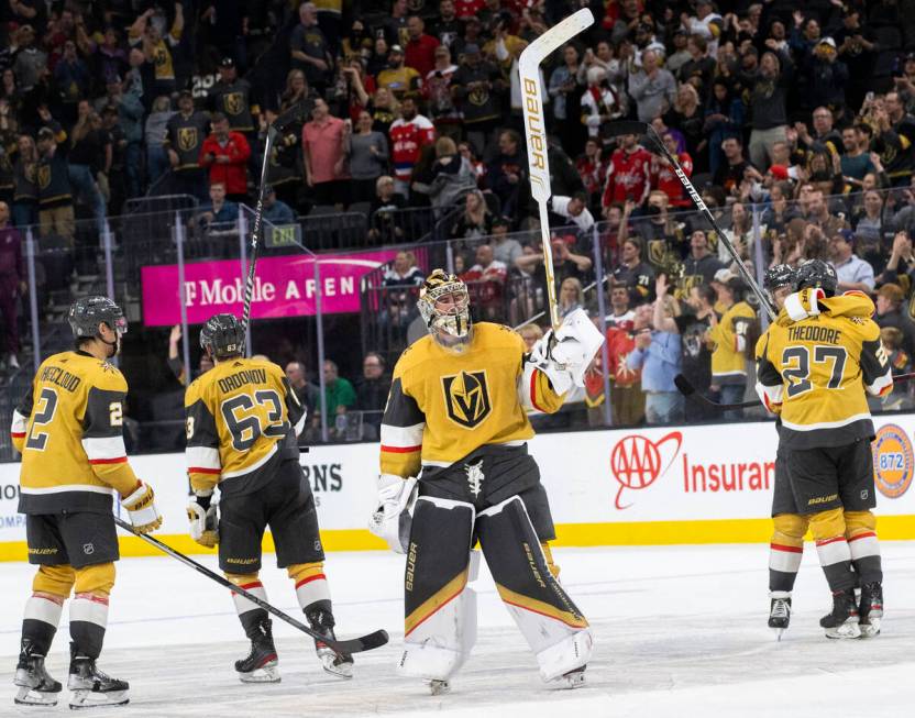 Golden Knights goaltender Logan Thompson (36) celebrates after beating the Washington Capitals ...