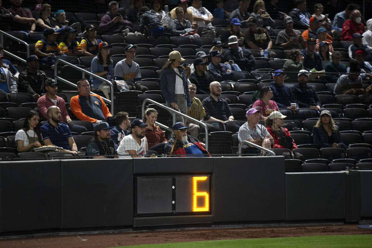 The pitch clock is at 6 seconds during a Minor League Baseball game between the Las Vegas Aviat ...