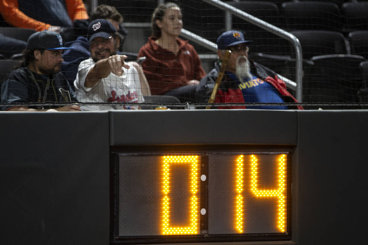 The pitch clock is at 14 seconds during a Minor League Baseball game between the Las Vegas Avia ...