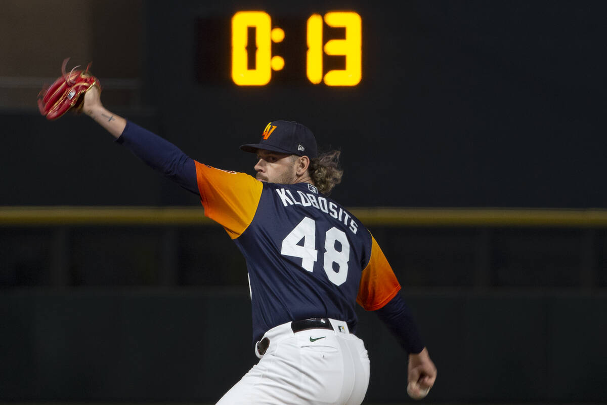 Las Vegas Aviators pitcher Gabe Klobosits (48) pitches to the El Paso Chihuahuas while the pitc ...