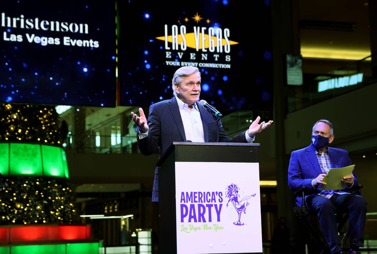 Las Vegas Events President Pat Christenson, left, talks during a Las Vegas Events and Las Vegas ...