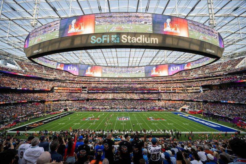 General view of the interior of SoFi Stadium from an elevated position during Super Bowl 56 foo ...