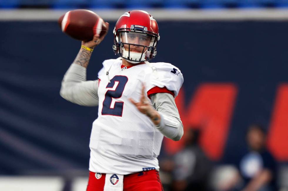 Memphis Express quarterback Johnny Manziel warms up before an AAF football game against the Bir ...