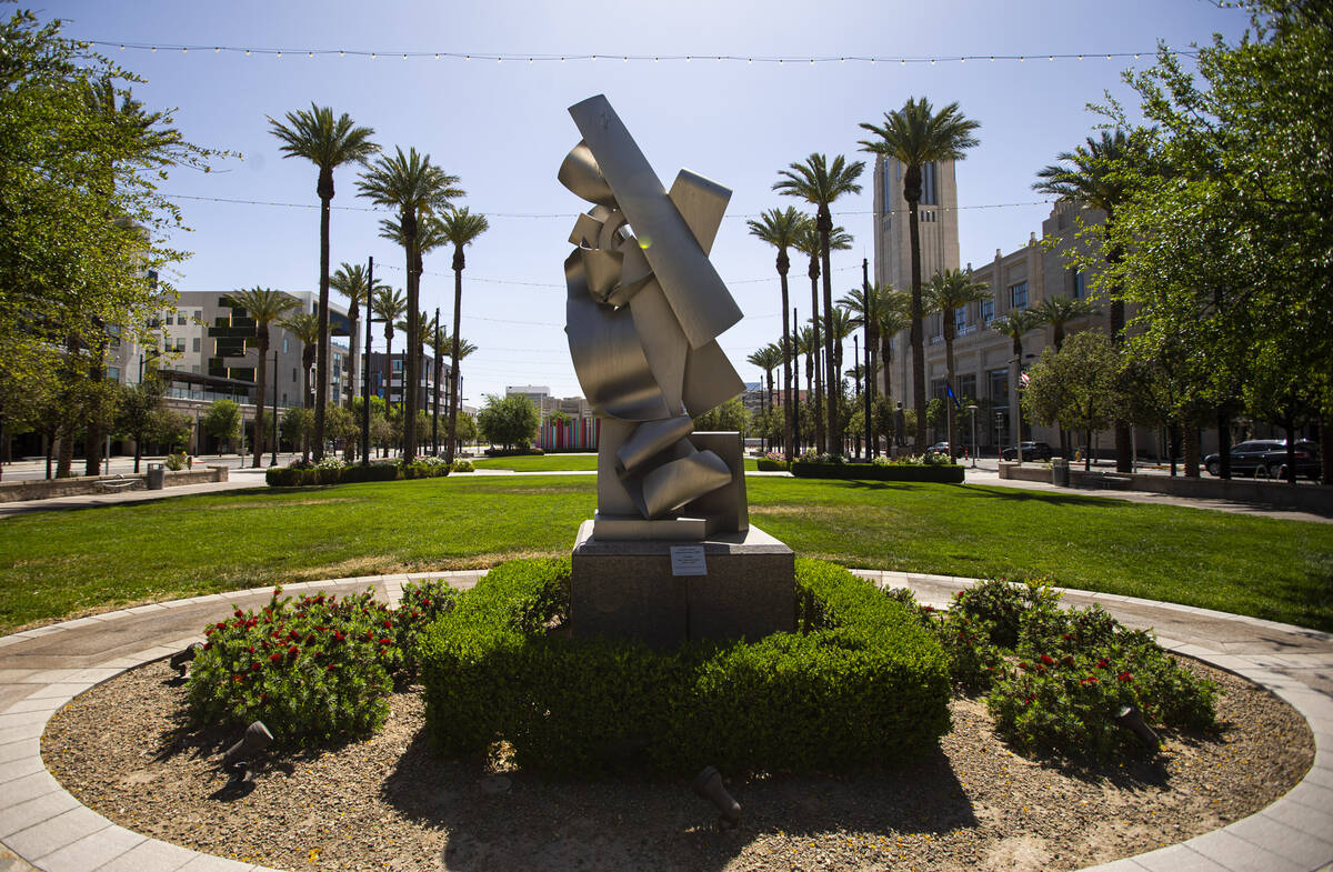 Stance” by Albert Paley is pictured at Symphony Park on Thursday, April 21, 2022, in dow ...