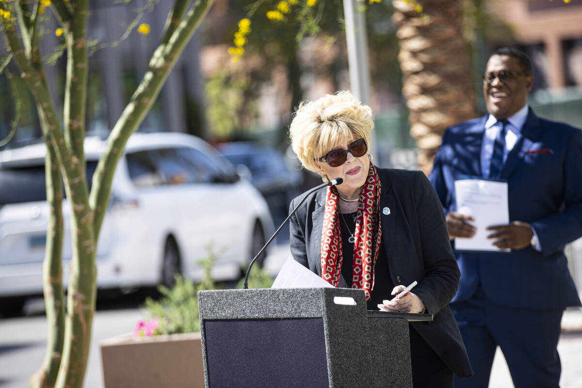 Las Vegas Mayor Carolyn Goodman speaks during the dedication of the "Larger Than Life&quot ...