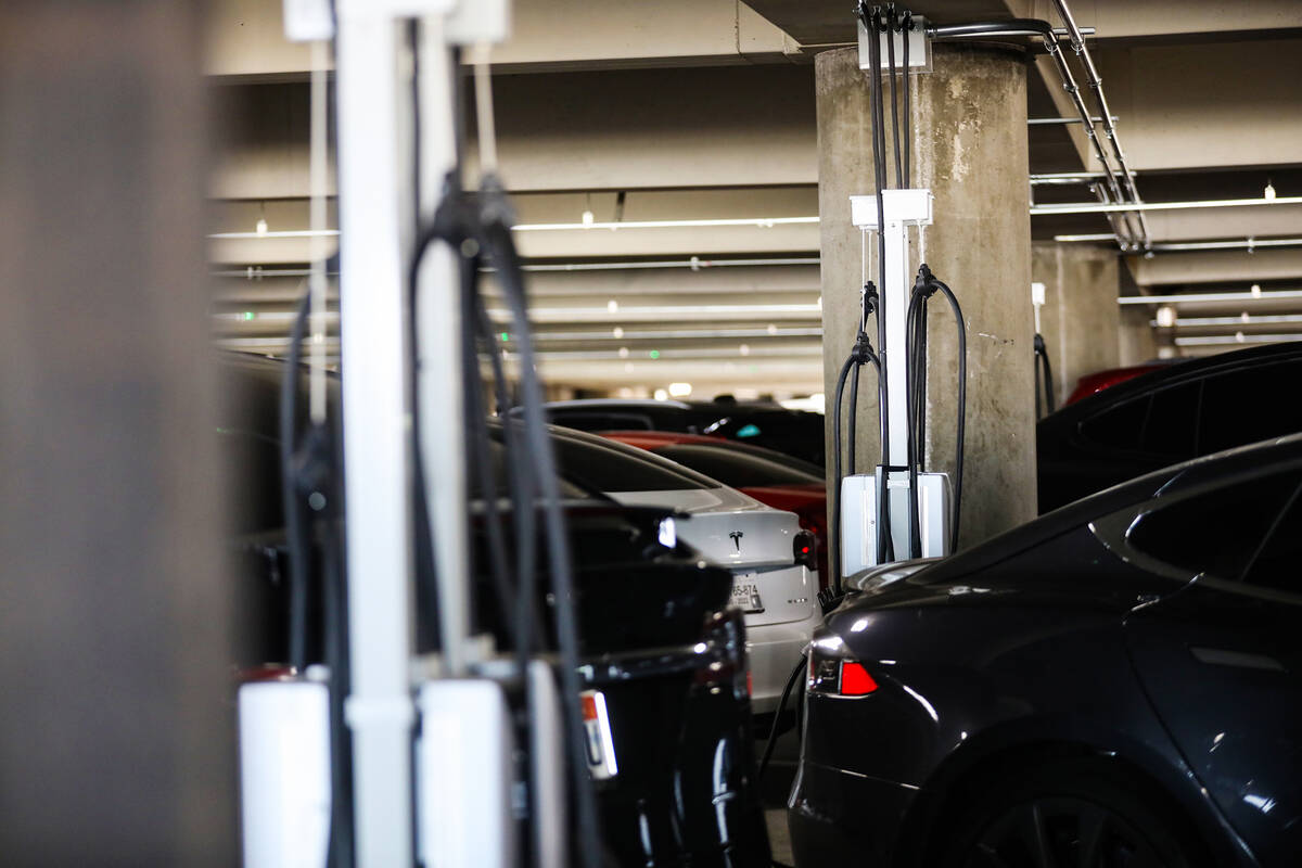 New electric vehicle charging stations at Harry Reid International Airport in Las Vegas, Thursd ...
