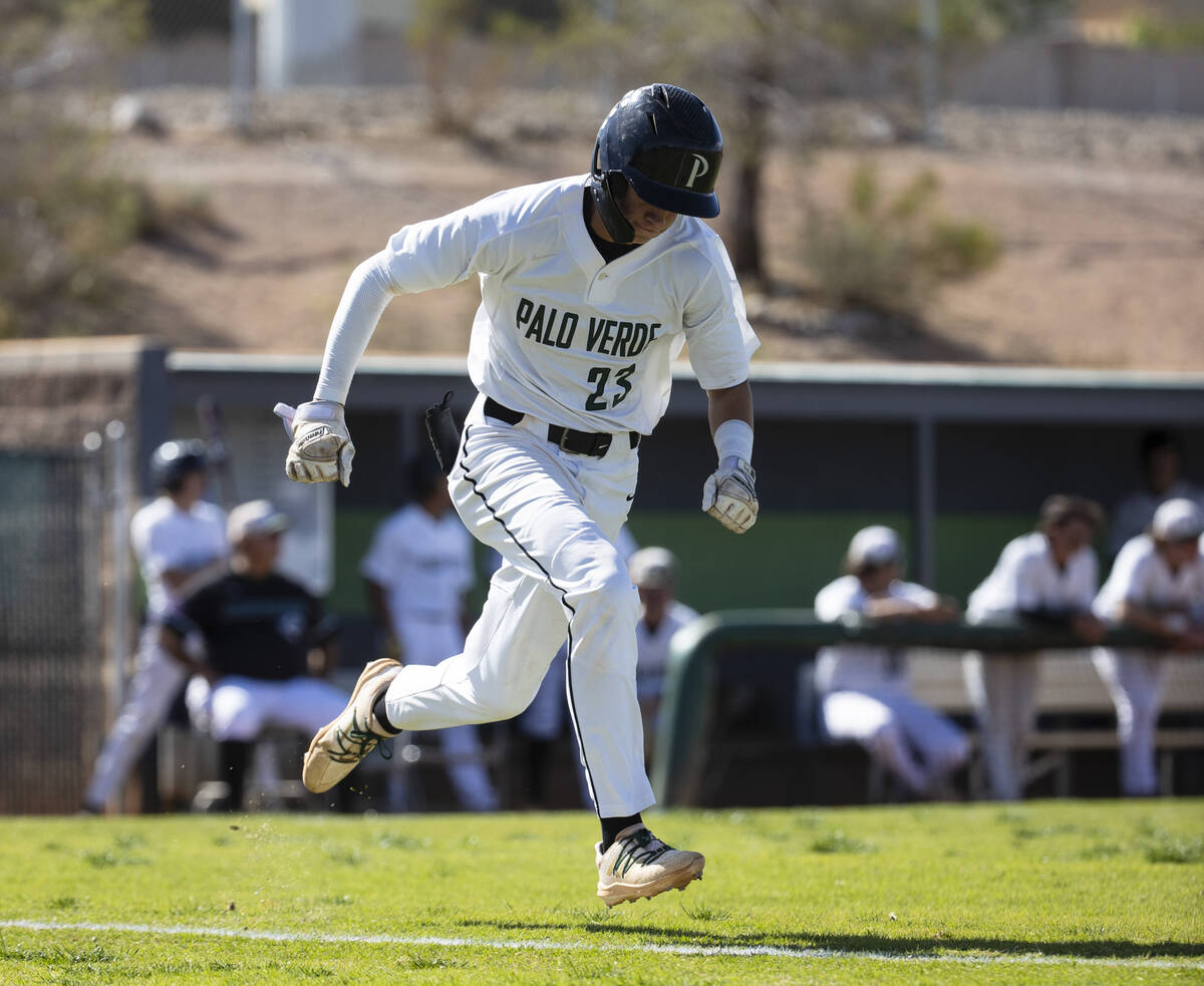 Palo High’s shortstop Ethan Clauss (23) runs the base during the second innings of a boy ...