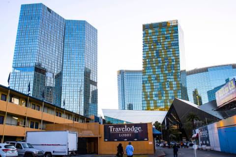 Travelodge Motel, foreground, at 3735 South Las Vegas Blvd., is shown on Saturday, April 23, 20 ...