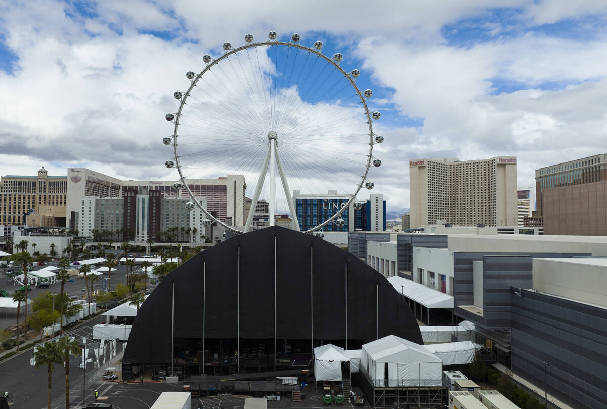 The NFL Draft main stage behind the Linq is shown on Friday, April 22, 2022, in Las Vegas. (Biz ...