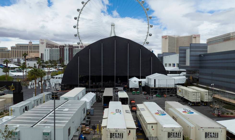 The NFL Draft main stage behind the Linq is shown on Friday, April 22, 2022, in Las Vegas. (Biz ...