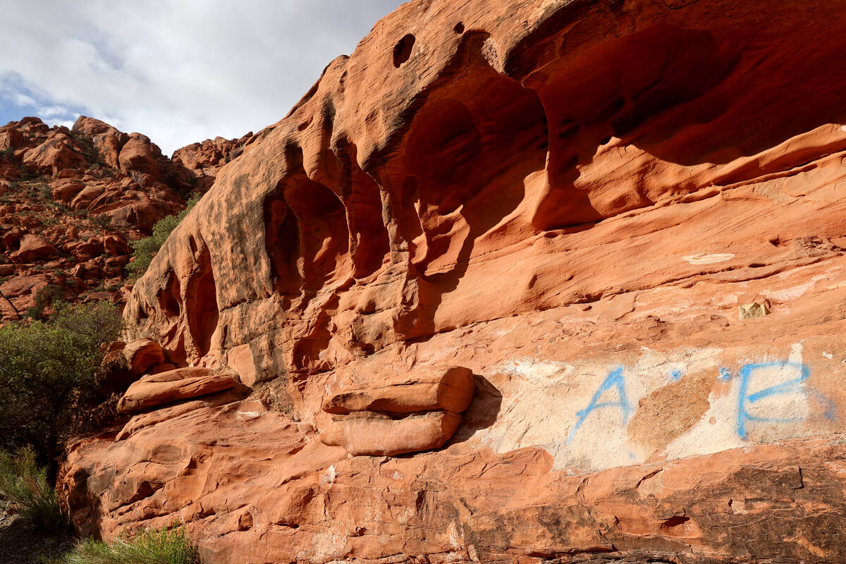 Graffiti spray painted on a rock in the Ash Creek Spring area of Red Rock Canyon National Conse ...