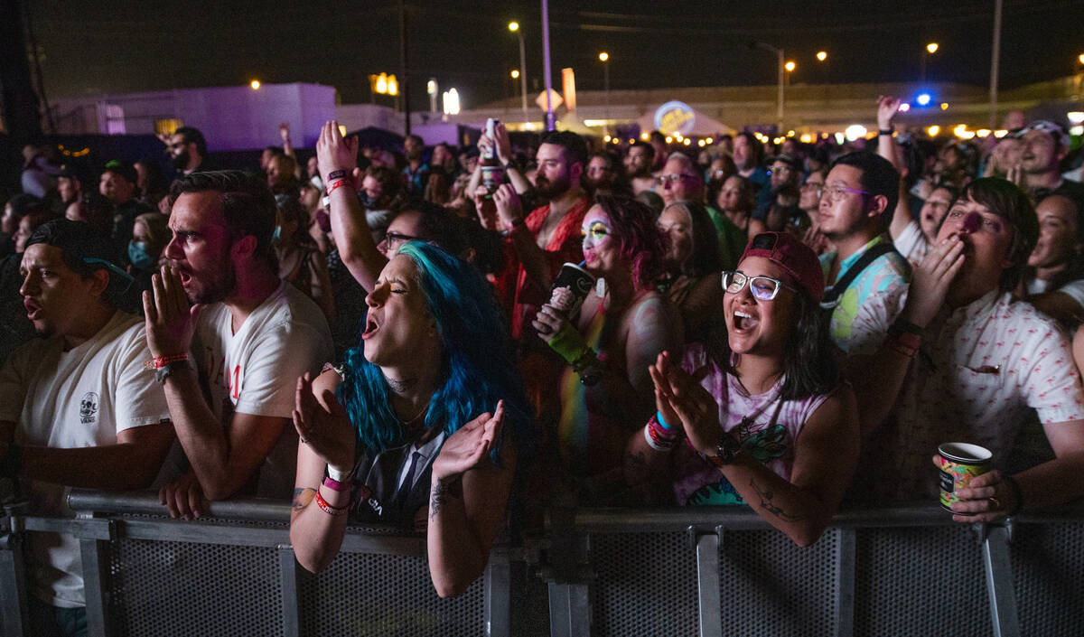 Fans cheer as HAIM performs on the Downtown Stage during day two of Life is Beautiful on Saturd ...