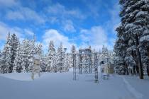 Fresh snowfall is seen at the research field station on Friday, April 22, 2022, at the UC Berke ...