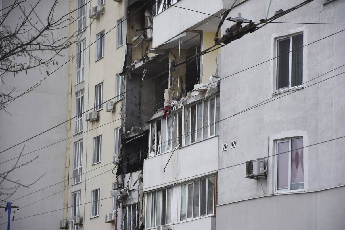 An apartment building damaged after Russian shelling in Odesa, Ukraine, Saturday, April 23, 202 ...